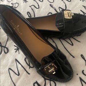 Cole Haan Black Patent Loafers with Gold Buckle